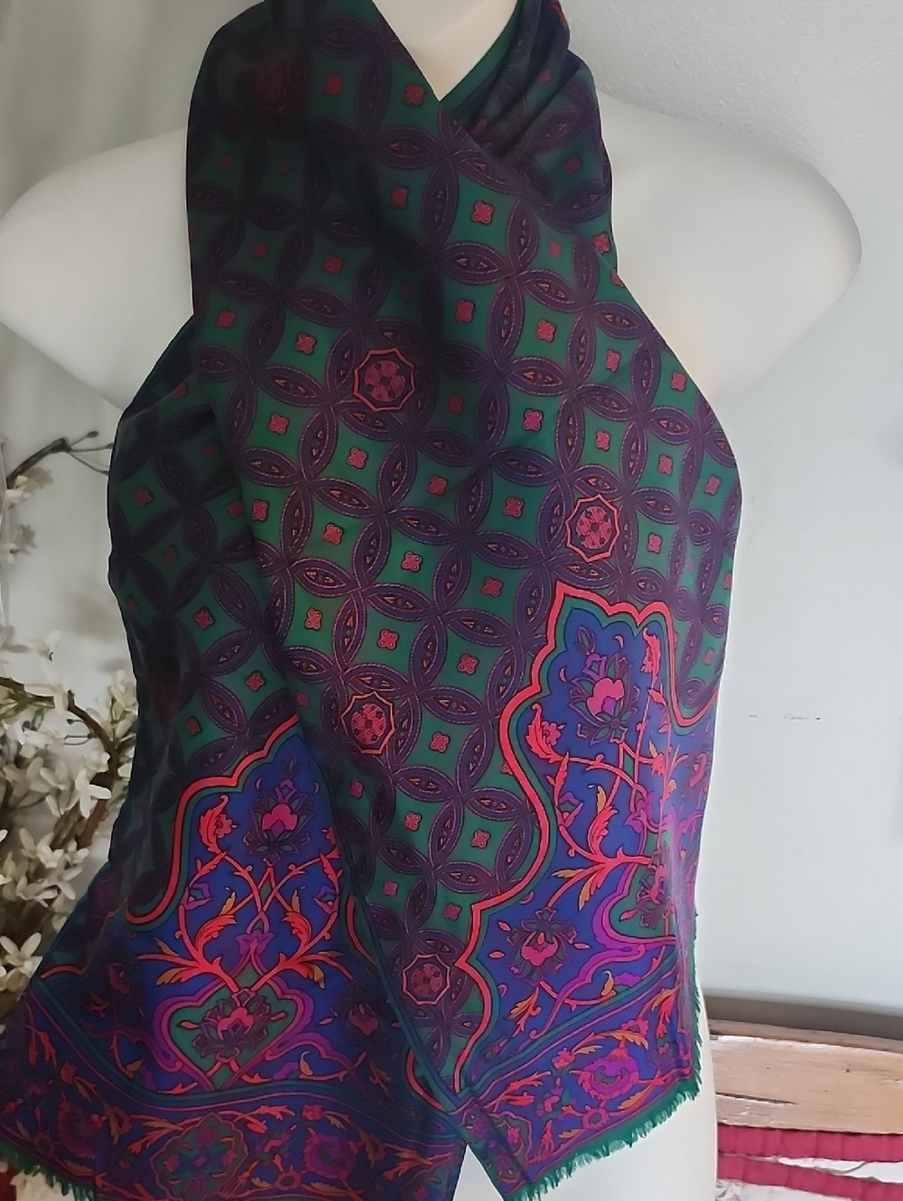 Vtg Made In Japan Green and Purple Printed Silk/Wool Back Scarf